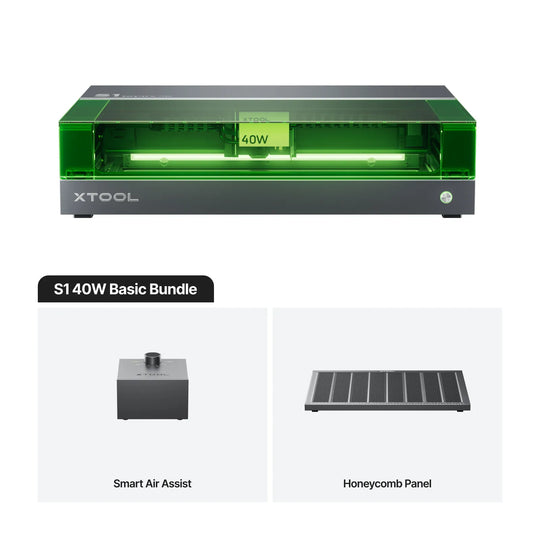 enclosed diode laser cutter for makers featuring the xTool S1, Smart Air Assist, and Honeycomb Panel.